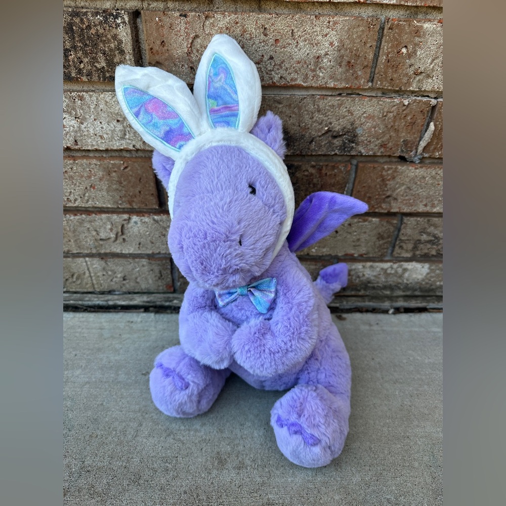 FAO Schwarz Purple Dragon With Wings Plush Easter Bunny Ears Bow Tie Animal 12"